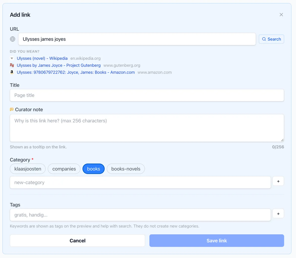 Add link panel with a search field showing suggested links with titles and descriptions